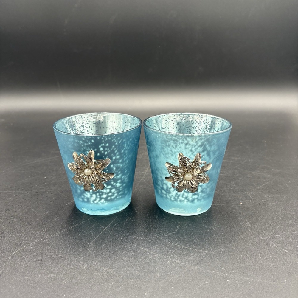 Set Of 2 Blue Turquoise Frosted Glass Votive Candle Holders Snowflakes